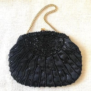 Mid Century Beaded Evening Handbag or Clutch by Richere, Black Satin with Hand Beaded Black Glass Beads and Sequins, Hong Kong 1950s - 1960s