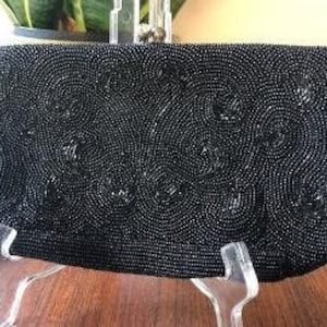 Vintage Hand Beaded Evening Bag or Clutch in Jet Black Glass Beads, Gorgeous Swirl Pattern, Made by Bags by Debbie, Made in Japan, 1960s