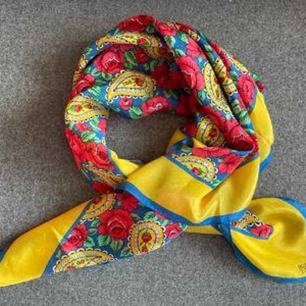 Vintage Silk Scarf by Collection XIIX, Colorful Yellow Border and Paisley with Red Roses on Blue Background