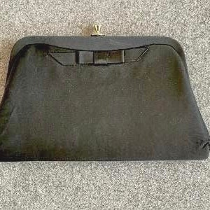 Vintage Mid Century Black Satin Clutch, Satin Bow on Front, Gold Tone Wrist Chain Tucked Inside, Lovely Gold Clasp, 1960s