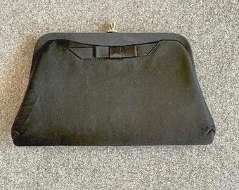Vintage Mid Century Black Satin Clutch, Satin Bow on Front, Gold Tone Wrist Chain Tucked Inside, Lovely Gold Clasp, 1960s