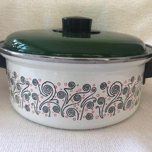 Vintage Enamel Stockpot, 3 Quarts, in White, Green and Orange, Abstract Floral, by Kitchenware, 1970s Cookware
