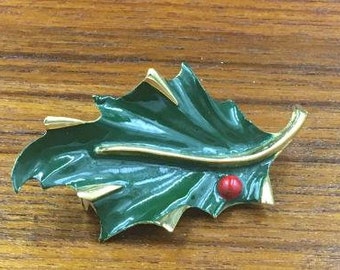 Vintage Holly Brooch, Christmas Pin, Green Enamel Leaf with Red Berry, Mid Century Jewelry