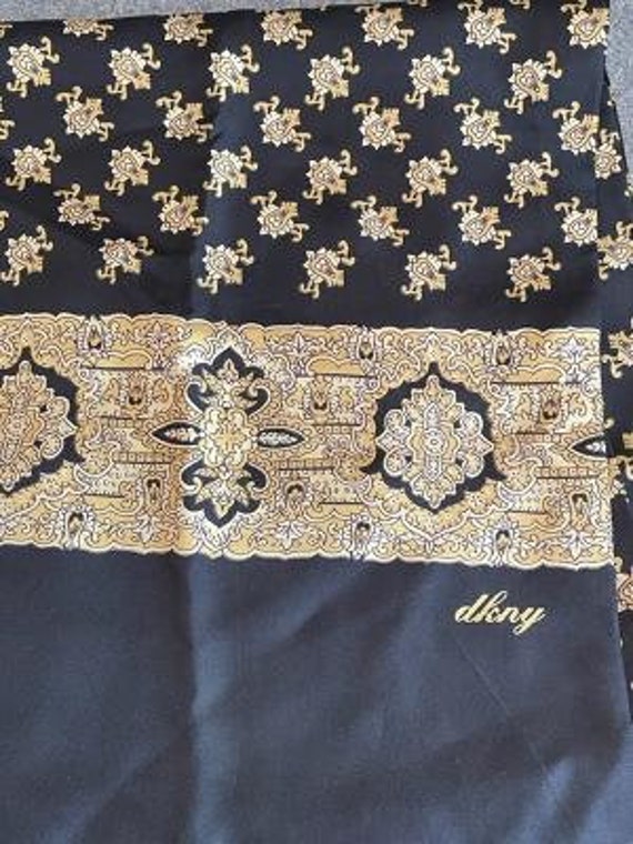 Vintage DKNY Silk Scarf, Black and Gold Print, Double Sided