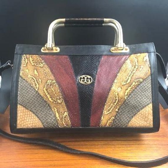 Vintage Leather and Snakeskin Handbag With Brass Handles, Removable Shoulder Strap, Made in Argentina, 1990s