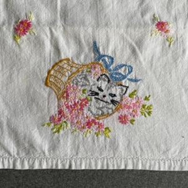 Vintage Linen Embroidered Dresser or Vanity Scarf, Playful Kitten in Basket of Flowers, 34 by 13.5 Inches, Hand Embroidered