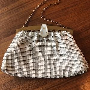 Vintage White Mesh Handbag by Whiting and Davis with White Bakelite Clasp with Gold Stars and Rhinestones, Mid Century Glamour, 1950s