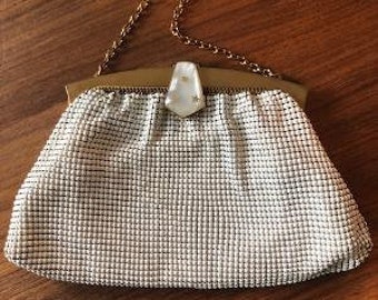 Vintage Whiting and Davis White Mesh Handbag with White Bakelite Clasp with Gold Stars and Rhinestones, 1950s