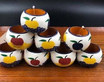 Vintage Dansk Wooden Napkin Rings in the Tuscany Collection, Set of 8, New Never Used, Hand Painted Fruits, Made in India