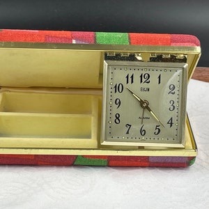 Vintage Travel Alarm Clock and Combined Jewelry Case by Elgin, Fabulous 1970s Fabric Covered Exterior in Pink, Red and Green
