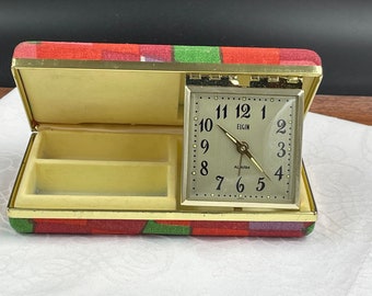 Vintage Travel Alarm Clock and Combined Jewelry Case by Elgin, Fabulous 1970s Fabric Covered Exterior in Pink, Red and Green