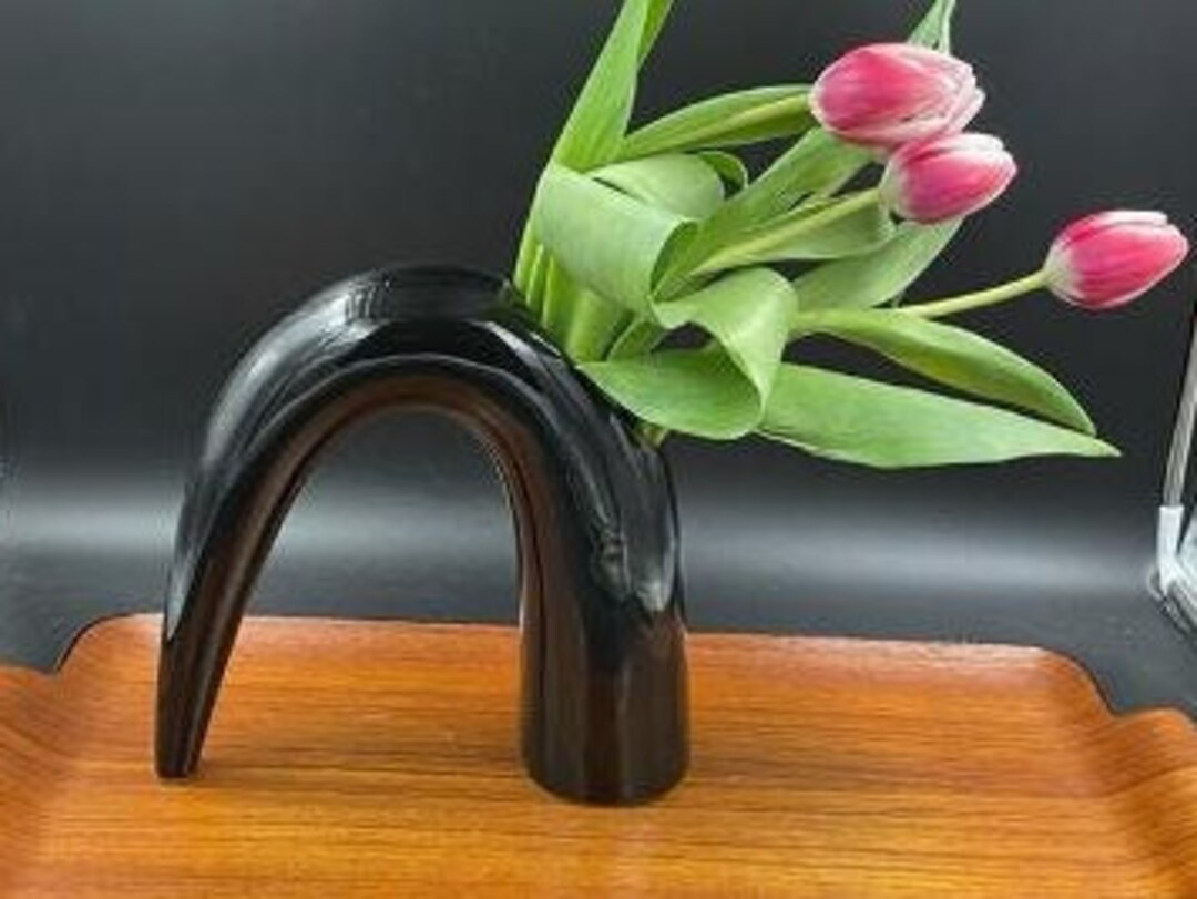 Vintage Toyo Ikebana Vase, Black Ceramic, Modernist Arch Shaped, Mid