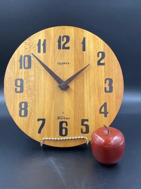 1970s Butcher Block Wall Clock by Sexton, Real Wood Body, Metal