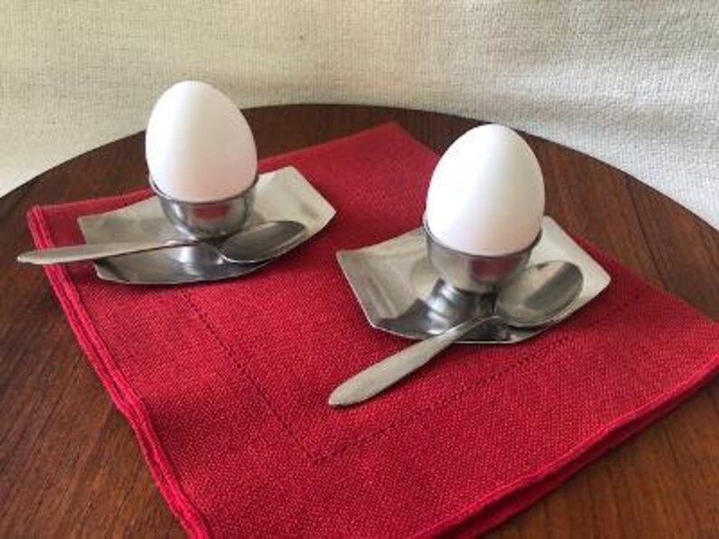 Mid Century Modern Stainless Steel Egg Cups with Attached Under Plate, Scandinavian Modern, 1970s image 4