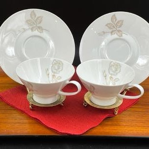 Vintage Rosenthal Continental Footed Cup and Saucer Sets in Classic Rose Pattern, Set of 2, Designed by Raymond Loewy, 1961 - 1977