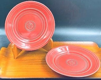 Vintage Dansk Craftmark Poppy Salad or Dessert Plates, Set of 2, Embossed Rings with Leaf Center, Bright Red Color, Made in Portugal, 1998