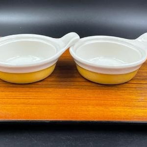Rare Vintage Syracuse China Stoneware Bowls with Lug Handle, Soup or Chili Bowls, Restaurant Ware, Set of 2, Yellow and White, 1979