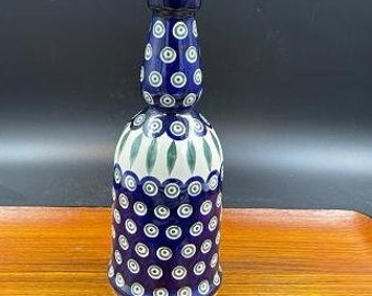 Vintage Boleslawiec Polish Pottery Bottle, Peacock Leaves Pattern, Zaklady Ceramicze