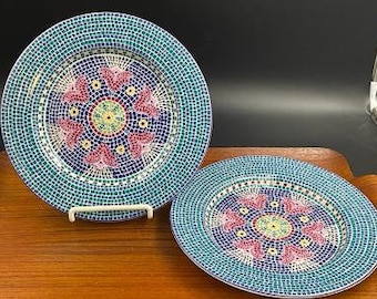 Dansk Salad Plates in Signature Pattern, Mosaic Dinnerware Line, Tiled Flower and Band Design, Made in Portugal, 1990s