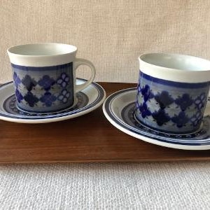 Vintage Royal Doulton Set of Two Cups and Saucers, Tangier Pattern, Made in England, Moroccan Style, Blue and White, 1970s