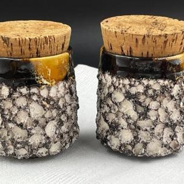 Vintage Fat Lava, Volcanic Glaze Jars with Cork Stoppers, Set of Two, Brutalist Texture, 2 5/8 by 2 1/8 Inches, Mid Century