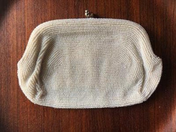 Vintage Hand Beaded Evening Bag or Clutch in Whit… - image 2