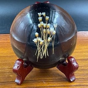 Mid Century Lucite Paperweight with Dried Flowers, 1970s Desk Accessory, Transparent Smoky Colored Lucite