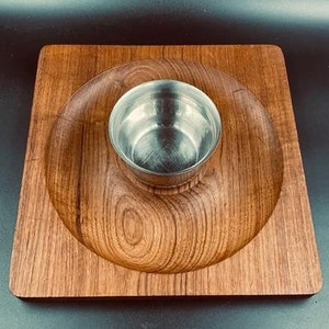 Mid Century Teak Charcuterie Board by Kalmar with Stainless Steel Bowl by Cultura Sweden, Chip and Dip, Scandi Style, 1960s to 1970s