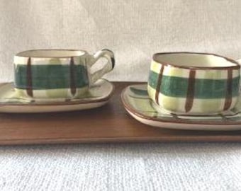 Mid Century Blair Gay Plaid Cup and Saucer, Set of 2,  Blair Pottery Ozark, Hand Painted Green and Brown Stripes Plaid, Missouri, 1950s