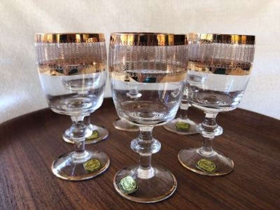 Vintage Bohemia Crystal Cordial Glasses Set of 6 24K Gold Etsy