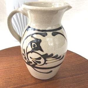 Vintage Studio Art Pottery Pitcher or Vase, Creamy Off White Glaze with Dark Espresso Brown Birds design,  Signed by Artist, 6.25 Inches