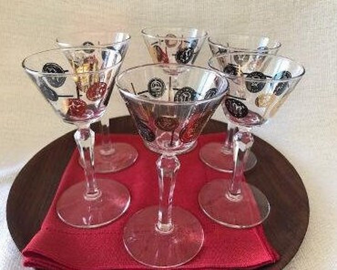 Mid Century Modern Cocktail Glasses in Black and Gold, Libbey Old Coins