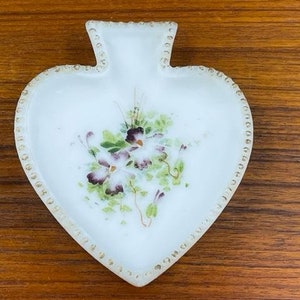 Vintage Matte Milk Glass Trinket Dish, Hand Painted, Spade Shaped, Raised Dot Border