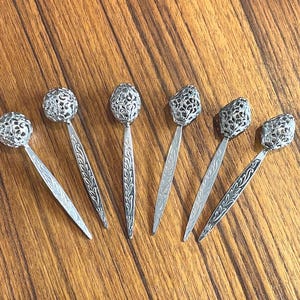 Vintage Cocktail Picks or Appetizer Picks with Filigree Tops, Silver Tone, Martini Olive Picks, Set of 6, Barware or Partyware