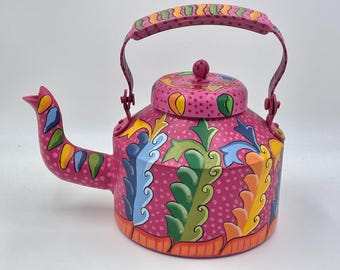 Whimsical Hand Painted Tea Kettle, Brilliant Colors of Pink, Green, Yellow and Blue, Fun Kitchen Decor
