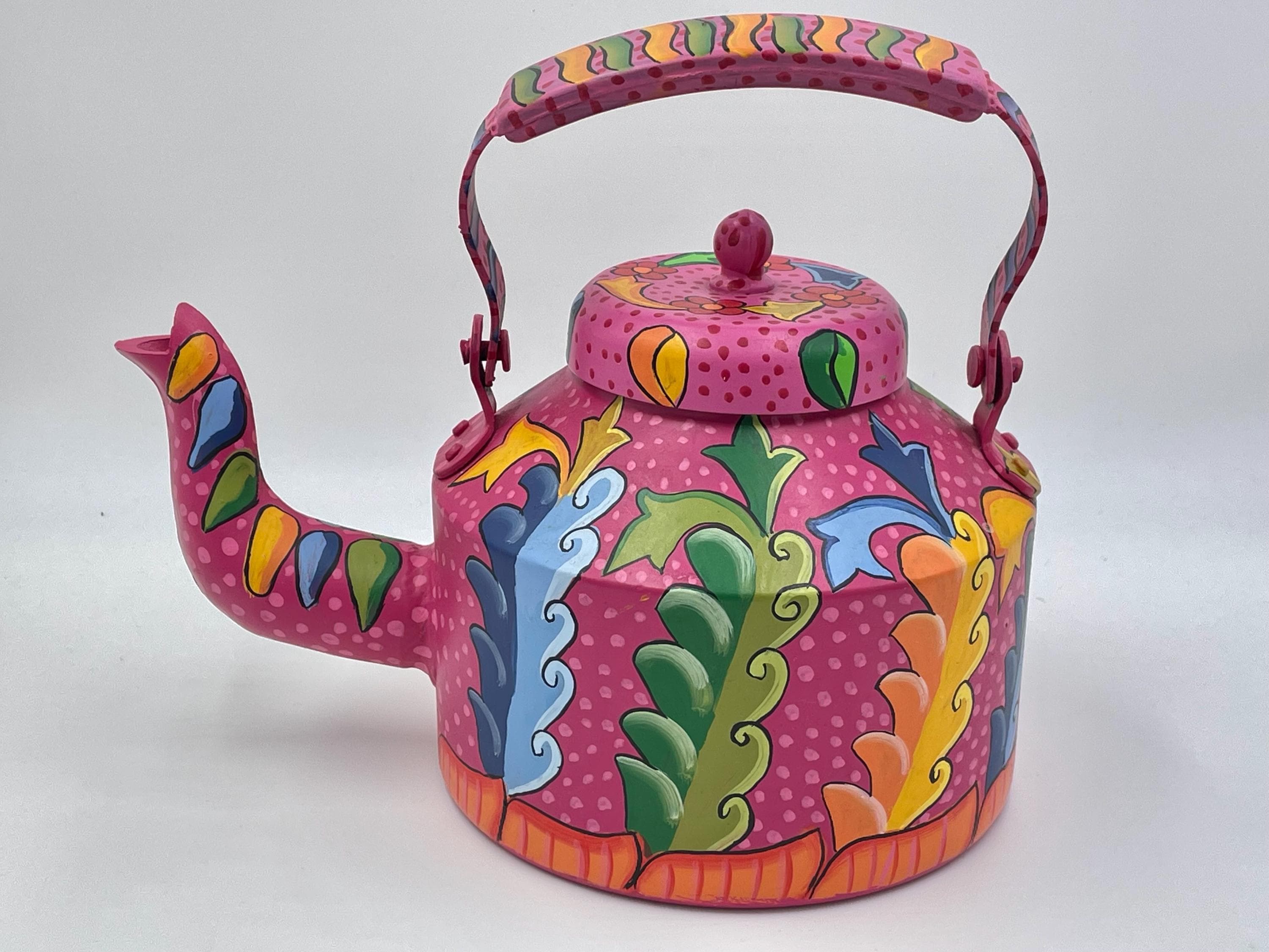 アンティーク　ローズのペイントケトル Whimsical Hand Painted Tea Kettle, Brilliant Colors of Pink, Green