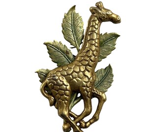 Vintage Metal Giraffe Brooch Pin Gold Tone Green Leaves Lightweight 3.25" Safari