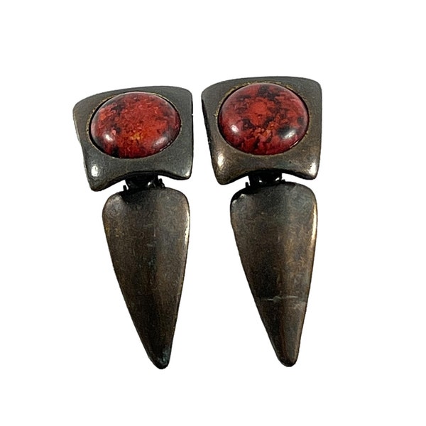 Vintage Norma Jean Clip On Earrings Brutalist Dark Metal Red Stone 2.5" Long