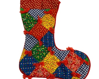 Vintage Homemade Patchwork Red Green Christmas Stocking 15.5" Retro