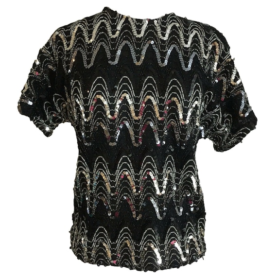 Adamo Womens Shirt Size Small Black Silver Sequin… - image 1