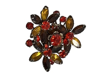 Vintage Judy Lee Rhinestone Flower Brooch Pin Fall Colors Gold Tone Brown Orange