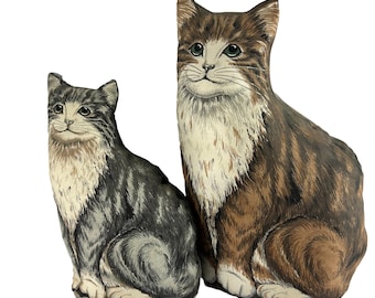 Vintage Set of 2 Tabby Cat Shaped Pillows Mother Kitten Plush 13&quot; Brown 10&quot; Grey