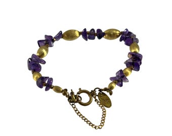 Vintage Miriam Haskell Signed Amethyst Chip Bracelet Brushed Gold Tone Accents Dainty
