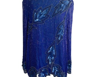 Vintage Anjumun Womens Beaded Blouse Tunic Size L/XL Blue Silk Evening Pullover