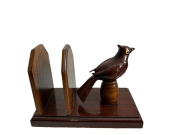 Vintage Dark Wood Napkin Letter Holder Carved Bird Cardinal Unique Felt Bottom Kitchen Desktop