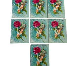 Vintage Tiny Thank You Cards Lot of 7 Rose Girl Greetings Ephemera NO Envelopes 4" X 2.75"