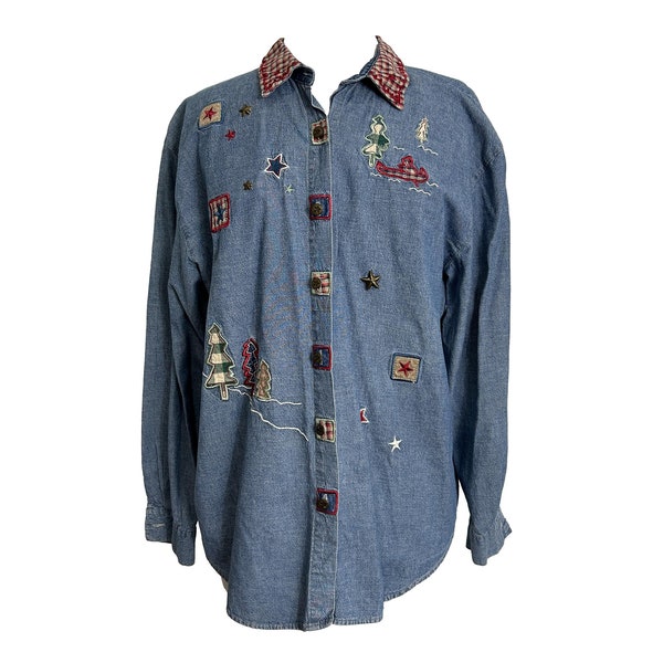 Vintage Teddi Womens Blouse Size Medium Shirt Denim Embroidered Canoe Teepee Stars Trees Camping Blue  Denim Cotton
