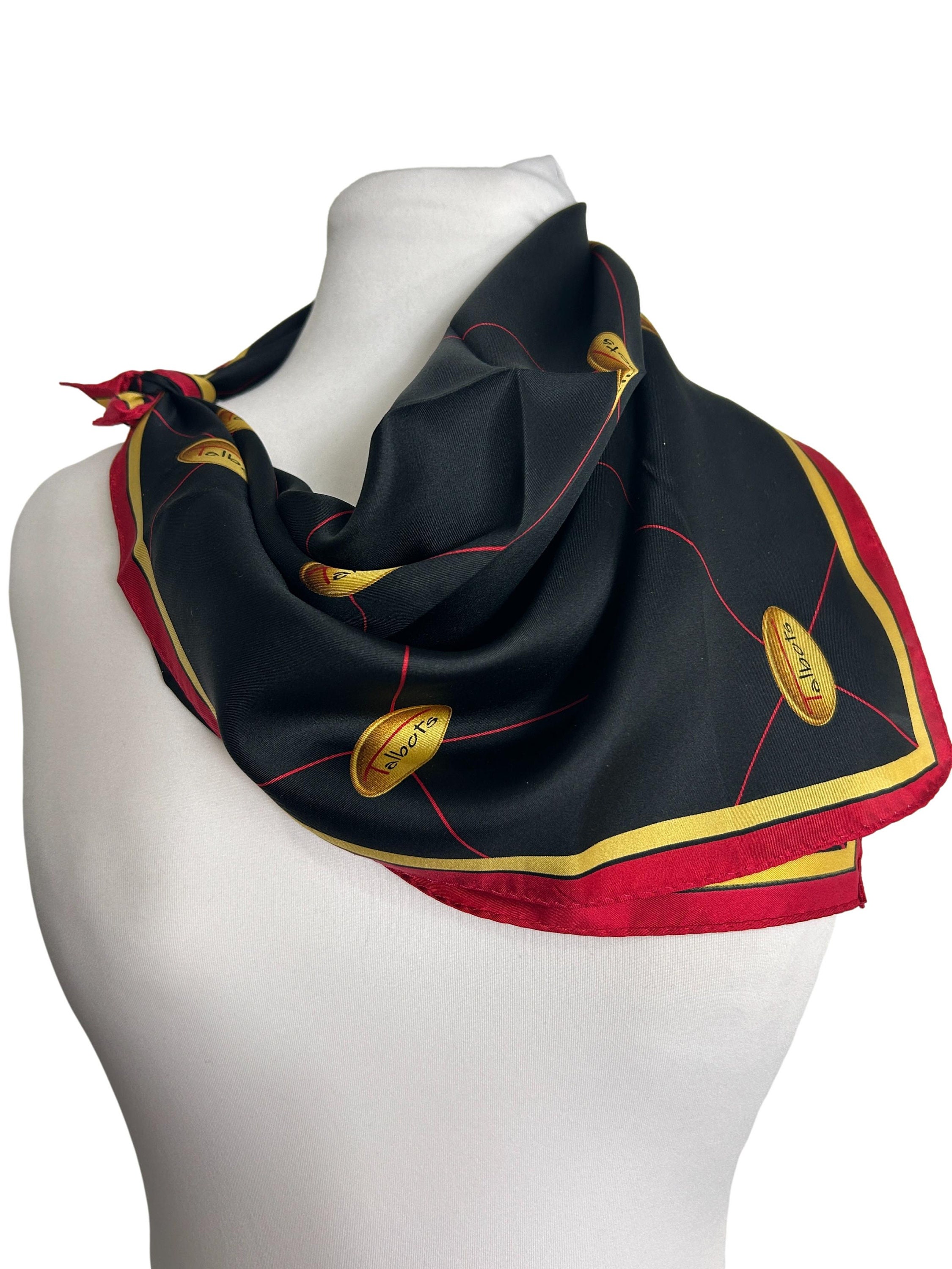 Foulard En Soie Vintage Talbots 90x90 Cm - Couleurs Vert Et Kaki - Occasion En Très Bon état - 100% Soie