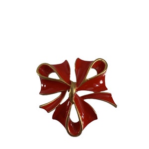 Vintage Red Bow Brooch Pin Enamel Gold Tone Christmas Holiday Valentines