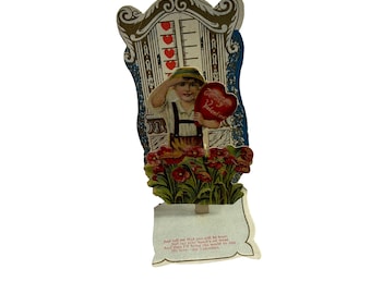 Antique Standup Valentines Day Card Embossed Pop Up Ephemera Boy Flowers Heart